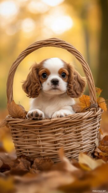 Dog wallpaper for phone with a Cavalier King Charles Spaniel puppy with a soft coat, sitting in a wicker basket surrounded by autumn leaves.