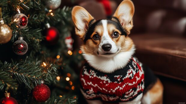 Dog wearing a festive Christmas sweater, sitting next to a beautifully decorated Christmas tree.