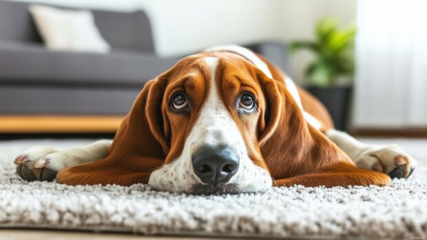 DogK Wallpaper with a Basset Hound with long droopy ears, lounging on a plush rug.