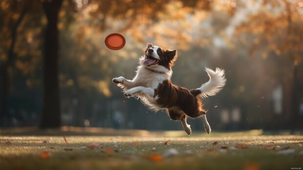 DogK Wallpaper with a Border Collie mid jump, catching a frisbee in a park.