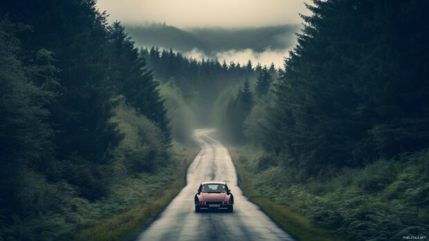 Download free Live Car Wallpaper with a vintage Porsche 911 driving through a misty forest.