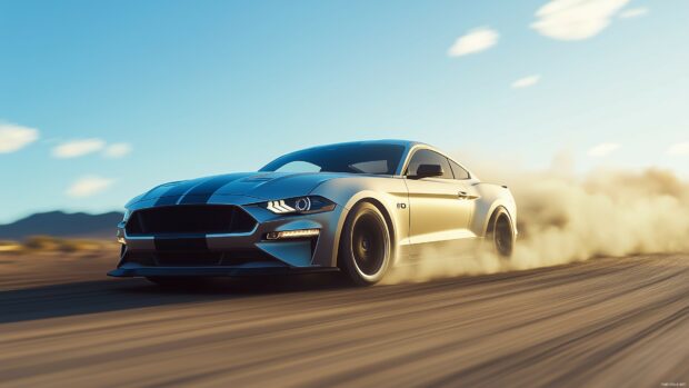 Draft car 4K wallpaper Ford Mustang sliding sideways on a desert road, with dust clouds rising behind it under a clear blue sky.