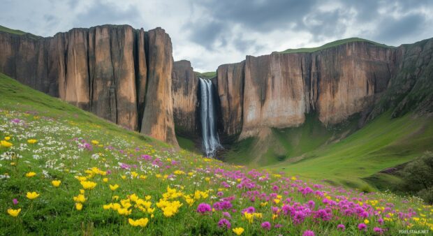 Dramatic mountain cliffs with cascading waterfalls and vibrant wildflowers in the foreground.