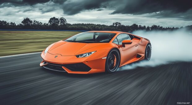 Drift car wallpaper wiht a Lamborghini Huracán in a controlled drift on a luxury race circuit.