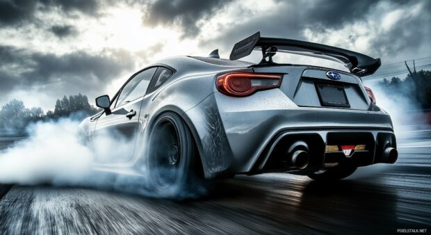 Drift car wallpaper with a Subaru BRZ executing a smooth drift through a series of tight turns on a racetrac.