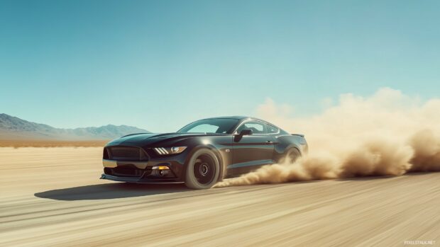 Drift car wallpaper with a drift spec Ford Mustang sliding sideways on a desert road.