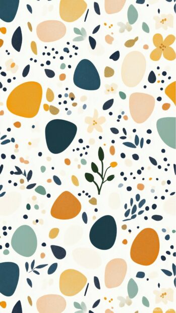 Easter iPhone wallpaper with small geometric shapes of pastel colored eggs and abstract floral elements arranged in a vertical tile design.