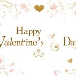 Elegant Happy Valentines Day text on a white and blush background, with intricate gold floral designs framing the words.