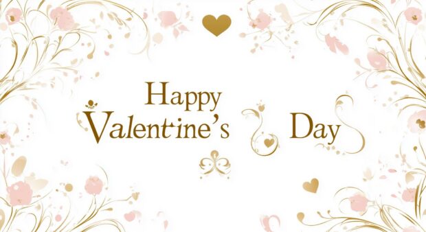 Elegant Happy Valentines Day text on a white and blush background, with intricate gold floral designs framing the words.