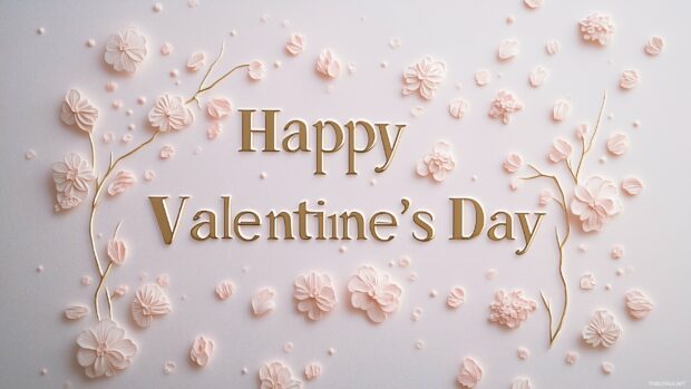 Elegant Happy Valentines Day text on a white and blush background, with intricate gold floral designs framing the words.