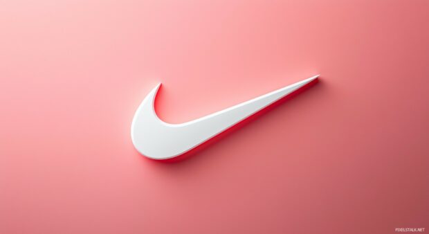 Elegant Nike background with a minimalistic white swoosh on a pastel pink background.