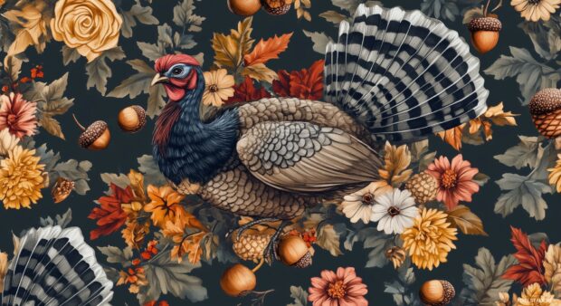 Elegant Thanksgiving Wallpapers HD with small turkeys, acorns, and fall flowers arranged in a seamless, sophisticated design.