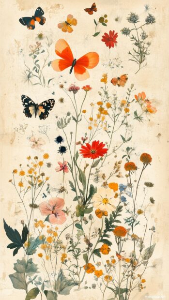 Elegant collage of pressed flowers, butterflies, and vintage botanical.