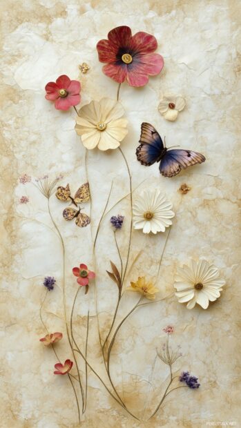 Elegant collage of pressed flowers, butterflies, and vintage botanical sketches on a soft beige paper texture background with a retro spring vibe.