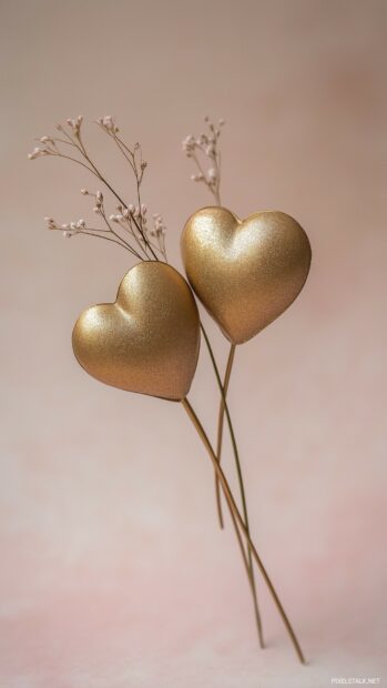 Elegant gold hearts on a light blush background with subtle sparkle details for a cute Valentines look.