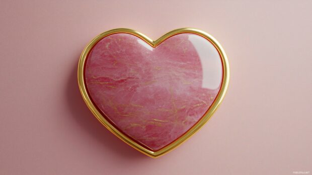 Elegant pink 3D heart with thin gold outline on a light pastel pink background.