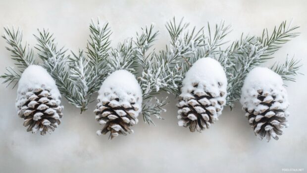 Elegant snow covered pinecones and evergreen sprigs arranged on a neutral background.