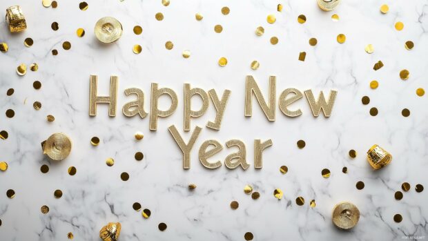 Elegant white marble background with gold foil Happy New Year text at the center.