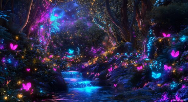 Enchanted Forest Wallpaper HD with colorful, bioluminescent plants, a sparkling stream, and fantastical creatures peeking through the foliage.