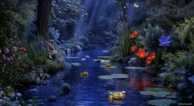 Enchanted Forest Wallpaper with magical creatures peeking through the dense foliage, glowing plants, and a shimmering, enchanted river winding through the scene.