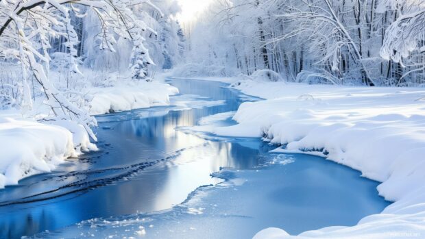 Enchanting winter wonderland PC wallpaper HD with a frozen river.