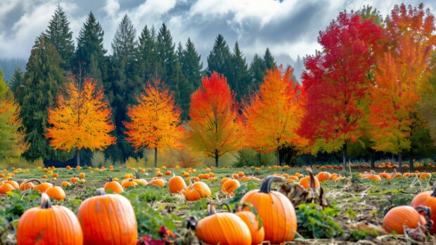 Fall Halloween wallpaper 4K with a lively pumpkin patch in autumn, with rows of pumpkins and trees in the background.