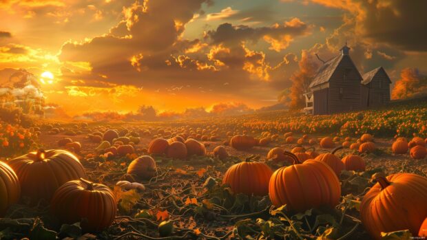 Fall Halloween wallpaper with A pumpkin patch at sunset with a golden sky .