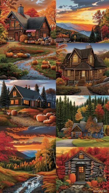 Fall collage featuring a variety of autumn scenes colorful foliage,cozy cabins, winding forest paths, and golden sunsets.