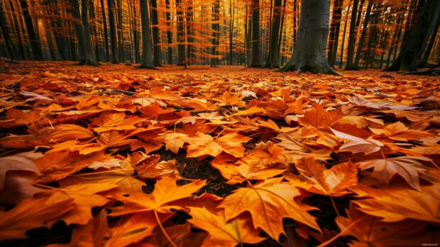 Fall forest 4K wallpaper with a carpet of golden leaves.