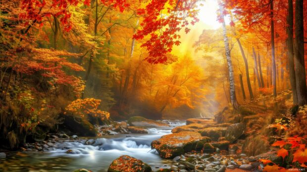 Fall forest sunset 2K wallpaper with a tranquil stream.