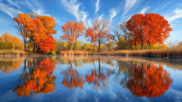 Fall laptop wallpaper with scenic view of fall trees by a lake.