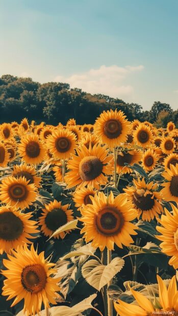 Fall phone wallpaper with Sunflower field, golden blooms under a clear blue sky.