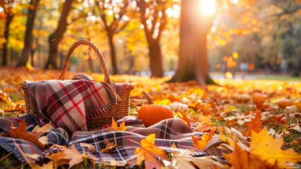 Fall pumpkin 4K desktop Wallpaper with a picnic setup in a park during autumn, with a blanket, basket, and vibrant leaves around.