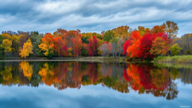 Fall trees reflected in a calm pond, Autumn tree wallpaper free download for desktop.