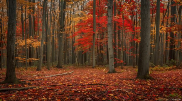 Fall trees wallpaper with a carpet of fallen leaves.