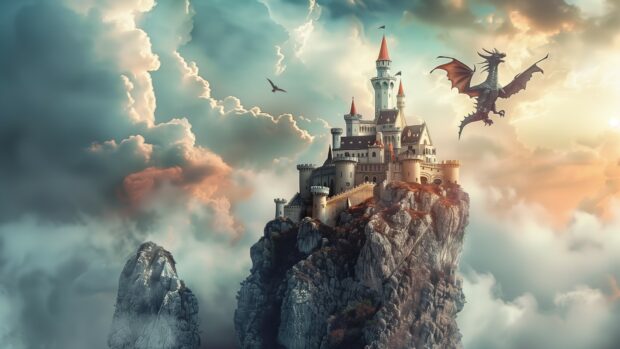 Fantasy castle on a cliff with a cool dragon flying overhead.