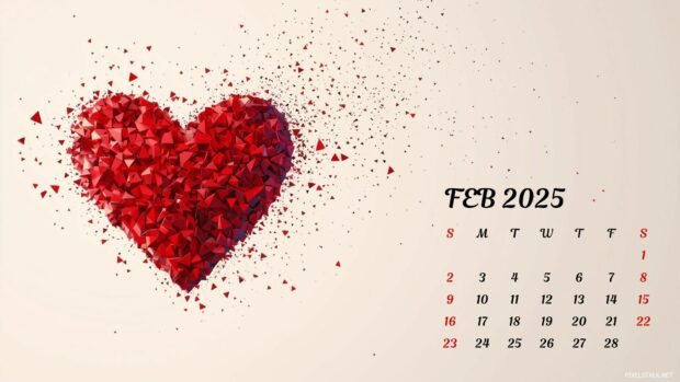 February 2025 Calendar Heart Desktop Wallpaper 1080p.