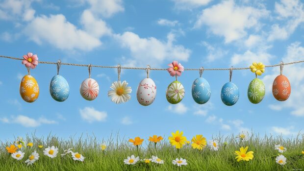 Festive Easter garland Computer Wallpaper with eggs and flowers strung on a line across a meadow background, whimsical and fun.