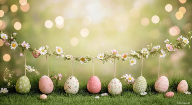 Festive Easter garland with eggs and flowers strung on a line across a meadow background, whimsical and fun.