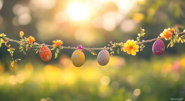 Festive Easter garland with eggs and flowers strung on a line across a meadow background, whimsical and fun.