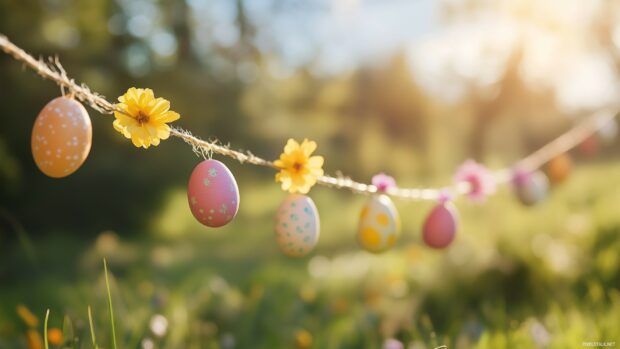 Festive Easter garland with eggs and flowers strung on a line across a meadow background, whimsical and fun.