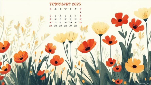 Field Flower February 2025 Calendar Desktop Wallpaper.