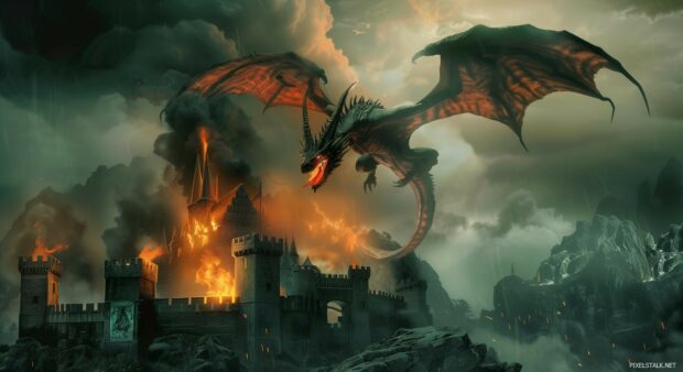 Fierce cool dragon flying over a medieval castle with flames and smoke.