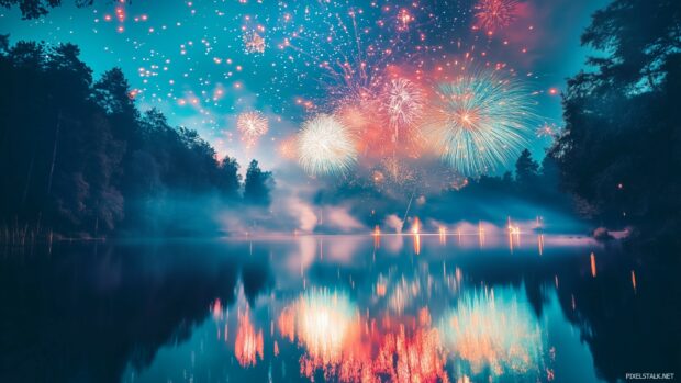 Fireworks reflecting over a tranquil lake in the middle of a quiet forest, colorful bursts of red, blue, and green filling the night sky.