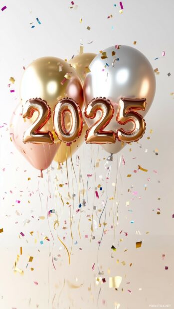 Floating 3D balloons spelling out 2025 in metallic gold, silver, and rose gold colors, surrounded by colorful confetti, Happy New Year wallpaper.