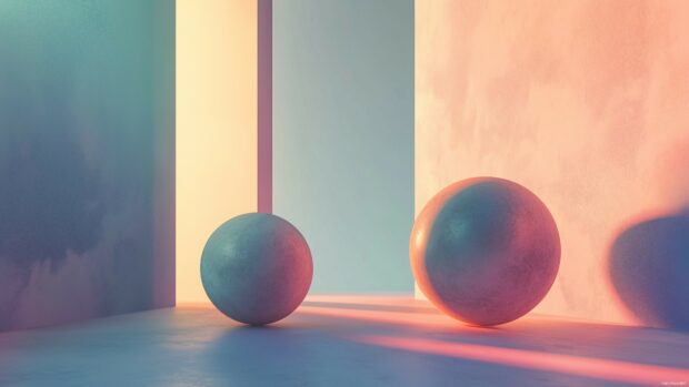 Floating 3D geometric shapes orbiting around each other in a balanced, minimalist design, with soft shadows and lighting enhancing their movement.