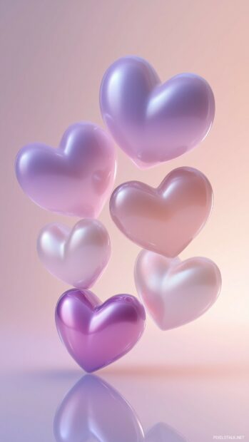 Floating 3D hearts in a gradient of soft colors, arranged in a delicate, whimsical pattern with gentle lighting and clean reflections.