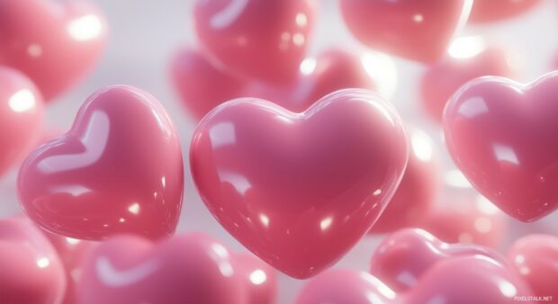 Floating pink 3D heart shapes.