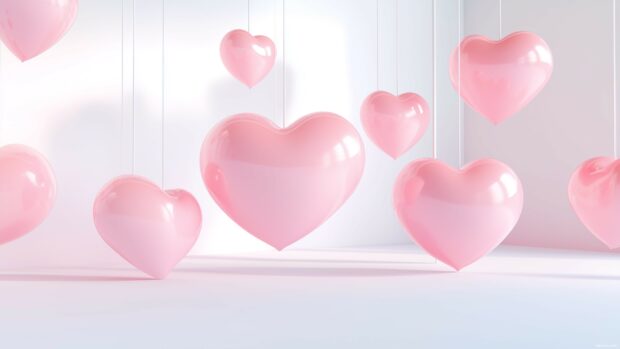 Floating pink 3D heart shapes desktop wallpaper.