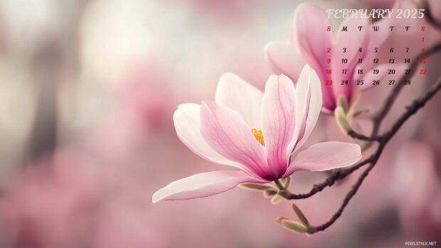 Flower February 2025 Calendar Wallpaper HD.